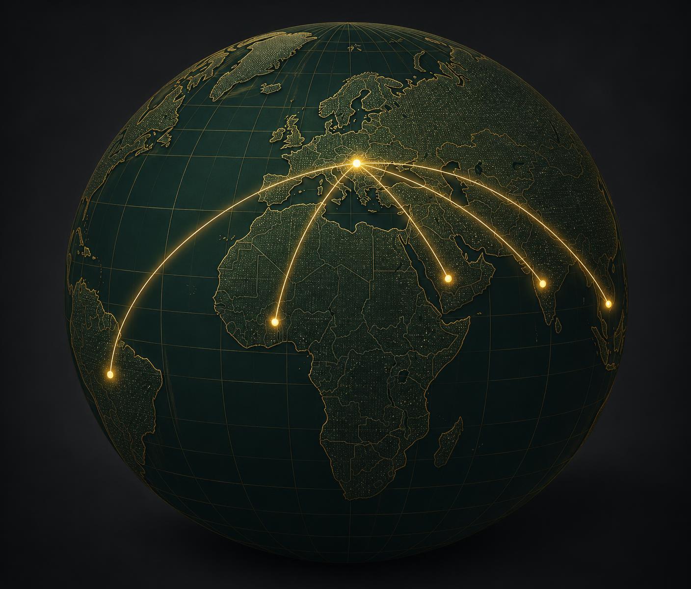 Globe showing the Chamber's connections from Romania to Brazil, Africa, the Gulf, India and Southeast Asia